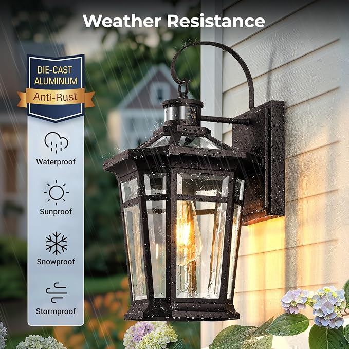 VIANIS Large Motion Sensor Porch Light, Dusk to Dawn Outdoor House Lights Wall Mount Sconce, Oil Rubbed Bronze Exterior Lighting Fixtures, 100% Anti-Rust Aluminum Outside Wall Lights for House, Garage