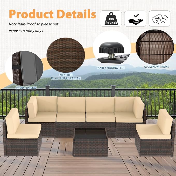AECOJOY 7 Piece Outdoor Patio Furniture Set, Outdoor Sectional Conversation Furniture Chair with Coffee Table,Patio Sectional for Garden,Backyard(Khaki Cushions and Brown PE Rattan, with Cover)