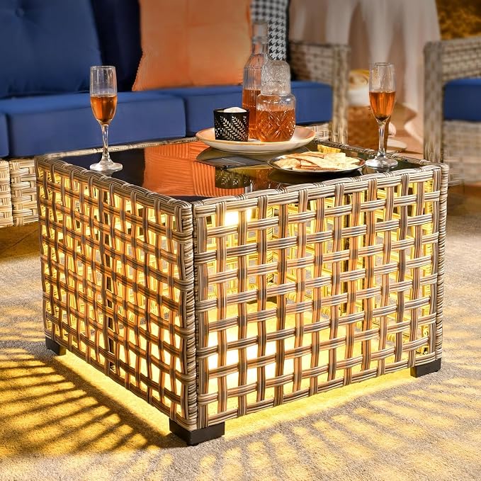 HOOOWOOO Outdoor Patio Side Table with Solar Light,Wicker Coffee End Table Glass Top,LED Deck Table for Yard,Deck,Porch,Garden(Brown)
