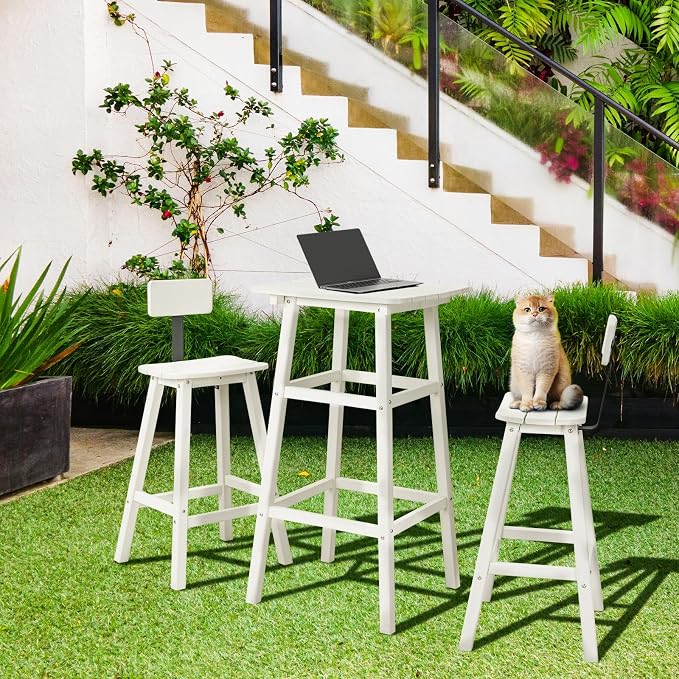 Bar Height Chairs Set of 2, HDPE Front Porch Chairs Set, Weather Resistance Outdoor Bar Stools Set for Spas, Cafes, Swimming Areas, Lodges and Hotels - White