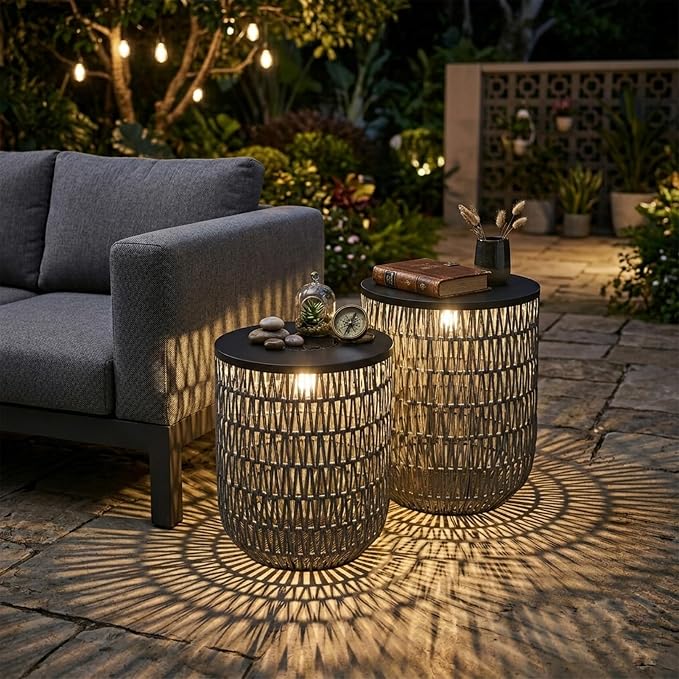 HMVPL Solar Patio Side Table Set of 2 with Dimmable Light, Round Outdoor Side Table for Patio, Outdoor End Accent Tables, Plastic Rattan Outside End Table for Poolside Backyard Gazebo, Dusk to Dawn