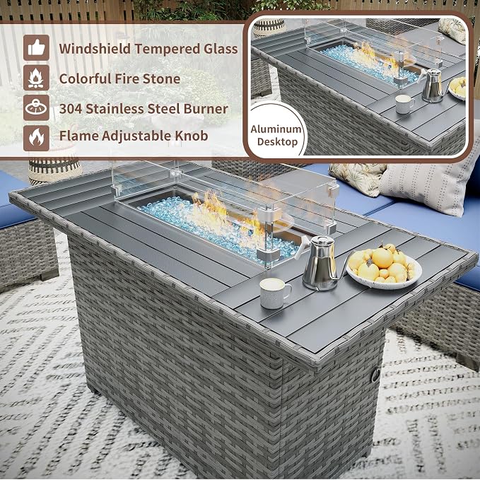 Patio Furniture with Fire Pit Table,8‘’ Wide armrest Outdoor Sectional Rattan Sofa Set, Wicker Patio Furniture Sets w/Coffee Table,Thick Cushions and Cover for Porch, Balcony,7PC(Grey&Navy)