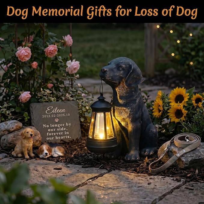 Lyeasw Solar Dog Statues with Lantern, 8.4 inch Ideal Gifts for Mom, Dad or Birthdays Dog Memorial, Outdoor Decorations for Patio Porch Lawn Backyard