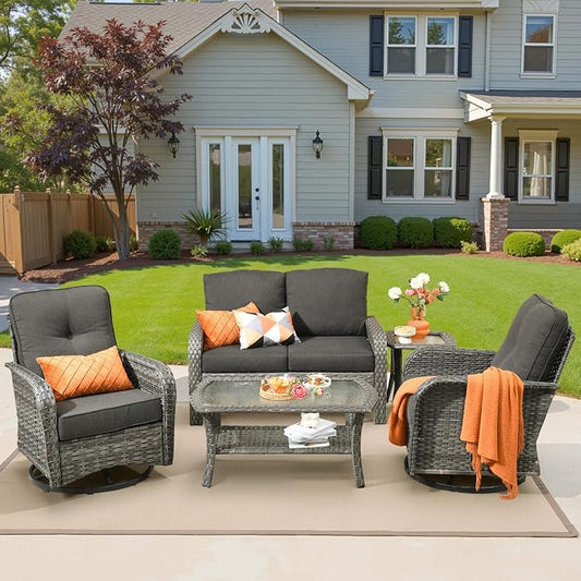 5 Pieces Patio Furniture Set, All Weather Rattan Patio Conversation Sets with Swivel Rocking Chairs, Coffee Table, High Back Outdoor Furniture Loveseat for Porch, Backyard, Black