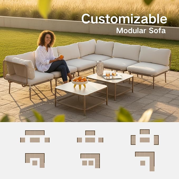 Kingdura 8 Pieces Outdoor Sectional Sofa Set, All-Weather PE Wicker Rattan Patio Conversation Set with Thick Cushions & Coffee Table, Patio Furniture Set for Garden Yard Porch Lawn Poolside (Beige)
