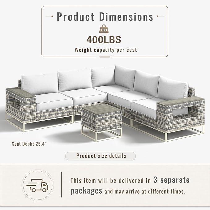 6-Piece Outdoor Patio Furniture Set, Gray PE Wicker Outdoor Sectional Sofa with Storage Armrests & 5.5" Thick Cushions, L-Shaped Couch for Deck, Porch, Backyard, Ivory White