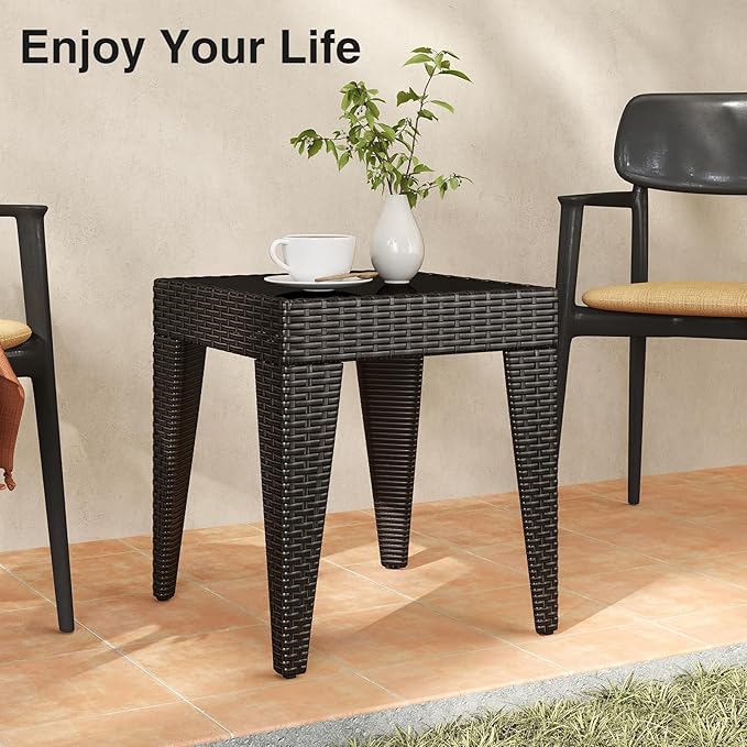 Kinfant Rattan Patio Side Table - Modern Wicker End Table, PE Coffee Table with Glass Top, Weather-Resistant Patio Furniture for Patio, Balcony, Garden, and Poolside (1, Rattan Black)