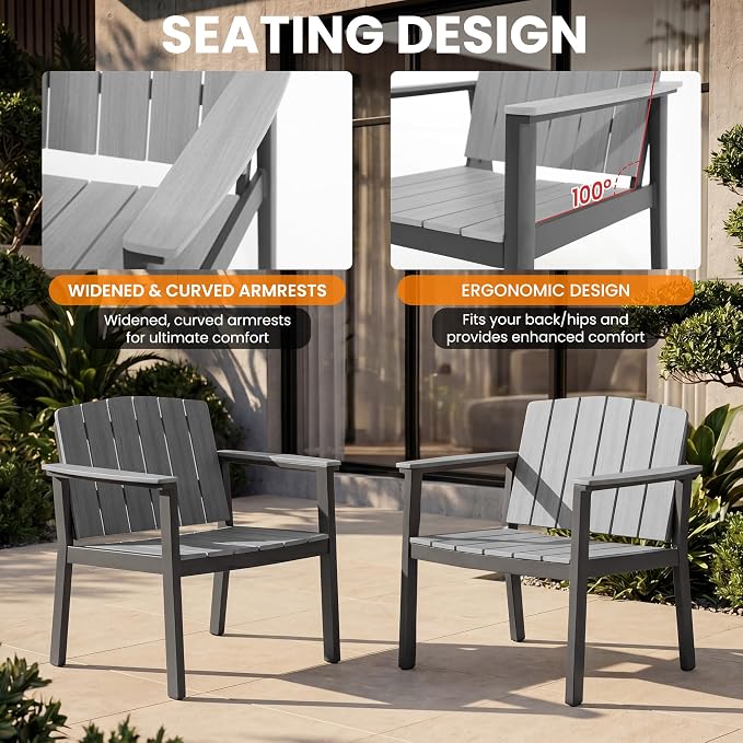 2 Pieces Aluminum Patio Furniture Armchair, All-Weather Outdoor Armchair Aluminum Frame HDPS Faux Wood, Patio Sofa Couch Set of 2 for Porch, Balcony, Deck, Yard Grey
