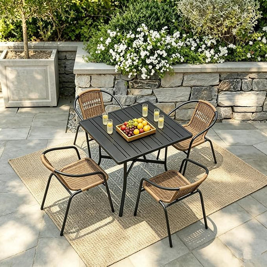 5 Piece Outdoor Dining Set, Stackable Brown Patio Rattan Chairs with Metal Table, All-Weather Wicker Patio Furniture Set for Backyard, Poolside, Garden, Bistro