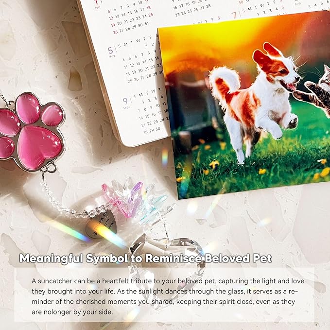 Dog Memorial Gifts, Pet Memorial Suncatcher, Loss of Dog Sympathy Gift | Thoughtful Dogs and Cats Bereavement Remembrance Gifts, Natural Cat's Eye Stone Paw Crystal Suncatcher