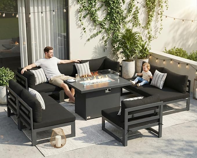 RADIATA 9 Pcs Large Modern Aluminum Outdoor Sofa with Rectangular Fire Pit Table, 29" Deep Wide Seat, 500 lbs Durable Sectional Set for Heavy People, All-Weather Patio Furniture Set for Terrace, Black