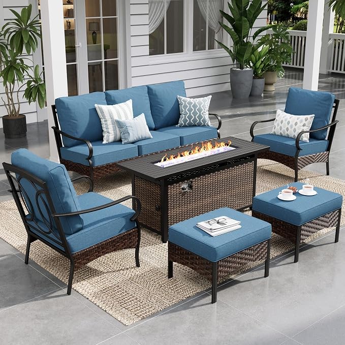 Sophia & William Patio Furniture Set with 56" Fire Pit Table, Metal Outdoor Conversation Set Patio Sectional with 3-Seater Sofas, 2 Fixed Chairs, 2 Ottomans, 1 Firepit Table for Porch Deck, Navy