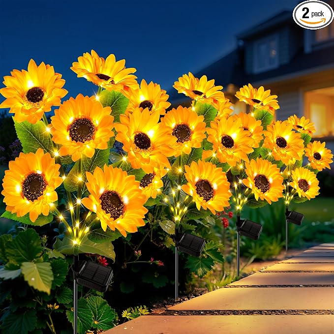 LETMY Solar Lights Outdoor Garden Decor, 2Pack Upgraded Solar Garden Lights with 12 Sunflower Lights, Solar Flowers Outdoor Waterproof IP65 for Garden Flower Bed Yard Decor, Gift for Women Mom Grandma