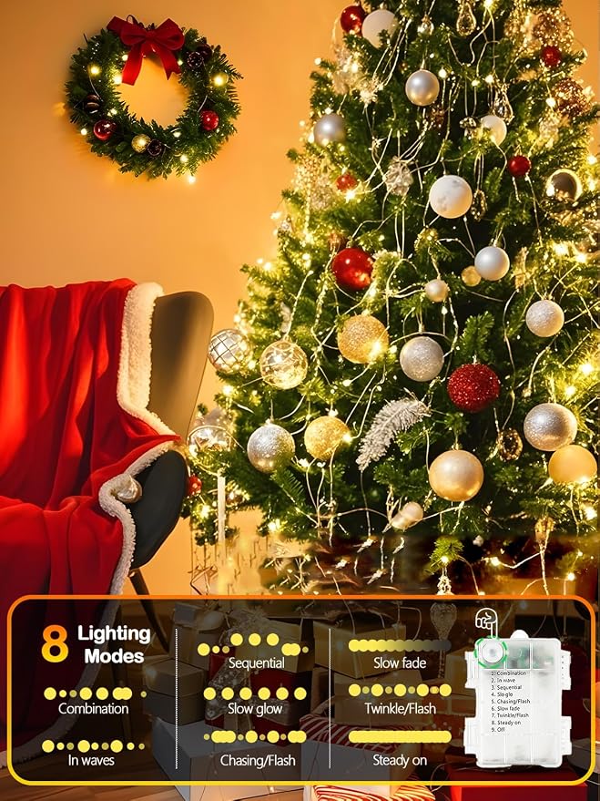 2 Pack Fairy Lights Battery Operated with Remote 33FT 100 LED Warm White | Remote Control, 8 Modes, Timer, Adjustable brightness, Waterproof Lights for Indoor Outdoor Classroom Christmas Decor