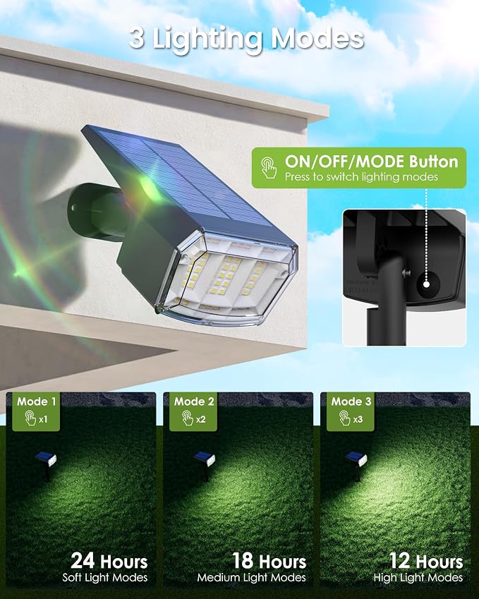 Solar Spot Lights Outdoor Waterproof, Solar Spotlights 12 Pack Cool White | 63 LED 3 Lighting Modes Solar Landscape Spotlights for Yard, Garden, Backyard, Driveway, Pathway, Wall, House, Garage
