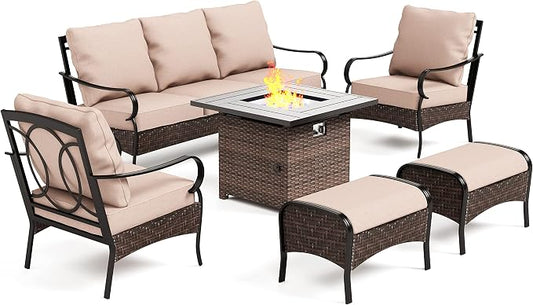 Outdoor Patio Furniture Set with 32" Fire Pit Table, 6 Pieces Heavy-Duty Metal Conversation Sets, Wicker Modern Sofa Set for Patio, Balcony, Backyard, Deck, Poolside