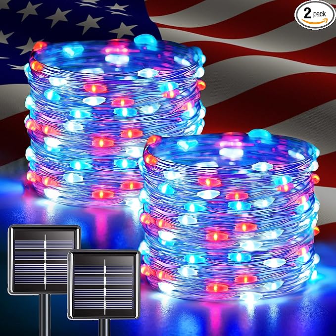 JMEXSUSS 2 Pack Solar Fairy Lights, Each 100 LED 33FT, Red White and Blue | Outdoor Waterproof, 4th of July Solar String Lights for Independence Day Outside Patio Yard Garden Decorations