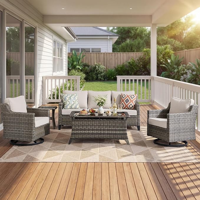 Luxury Patio Furniture sofa Set - 5 Pieces All Weather Wicker Outdoor Couch and High Back Swivel Rocker Patio Chairs with Glass coffee table for Deck Yard and Poolside Gray Wicker | Beige Cushions
