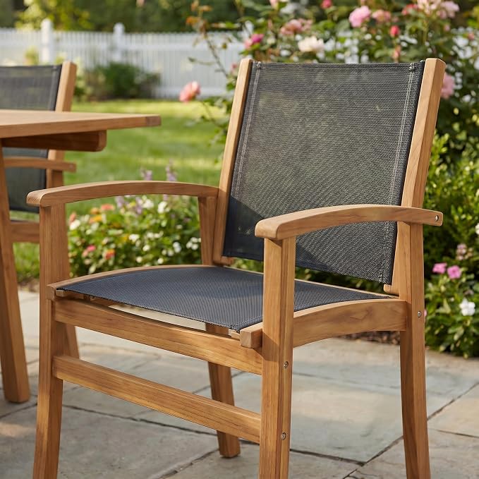 SUNSITT 7-Piece Outdoor Patio Dining Set, 55" - 71" Acacia Wood Expandable Table & 6 Breathable Textilene Mesh Chairs, All-Weather Patio Furniture w/Umbrella Hole for Backyard, Deck, Garden, Black