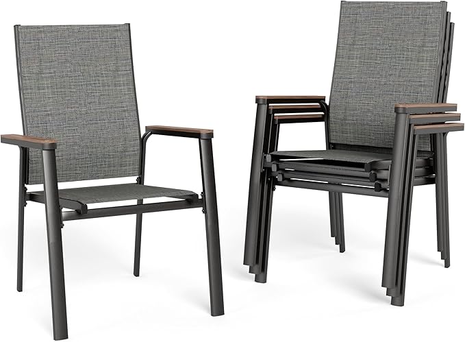 Sophia & William Patio Dining Chairs Set of 4, Stackable Aluminuum Frame | Grey textilene, Weather-resistant, light-weight & space-saving, Breathable & quick-drying, Outdoor deck backyard porch