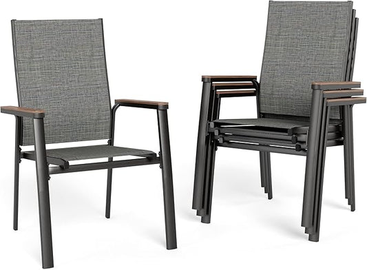 Sophia & William Patio Dining Chairs Set of 4, Stackable Aluminuum Frame | Grey textilene, Weather-resistant, light-weight & space-saving, Breathable & quick-drying, Outdoor deck backyard porch