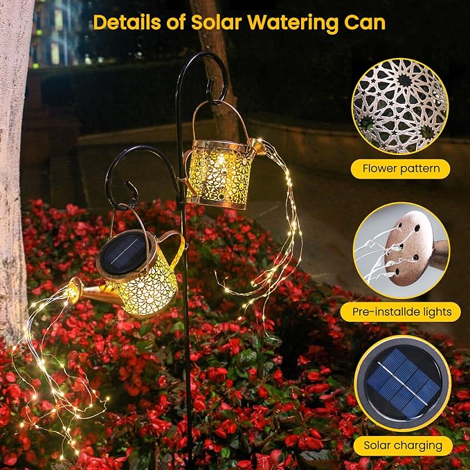 Solar Lights Outdoor Decorative, 2 Pack Metal Watering Can Lights Waterproof, Small Hanging Garden Decor Yard Outside Patio Lawn, Gifts for Mom Grandma Women Birthday(Warm White)