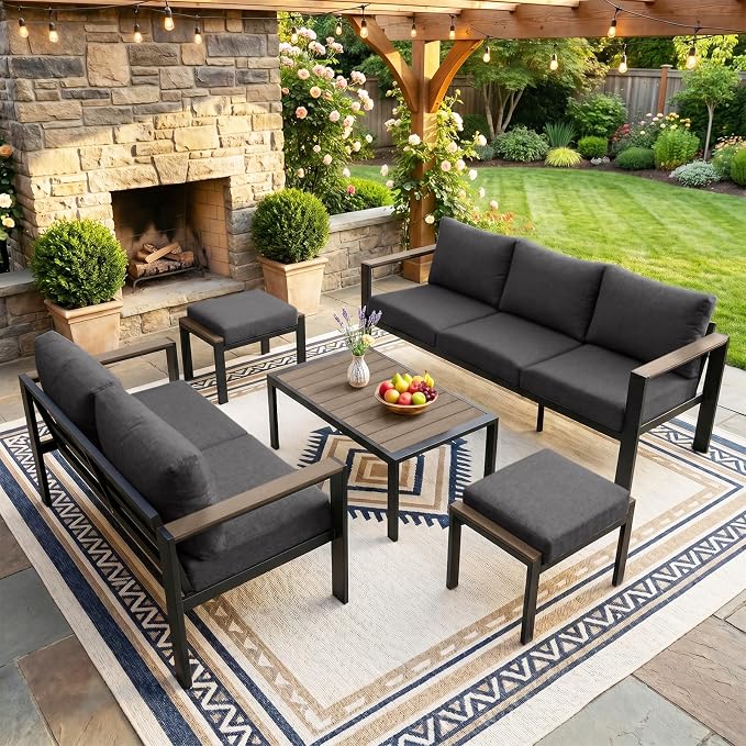 Outdoor Patio Furniture Set 5 Pieces Luxury Aluminum Patio Conversation Set with Coffee Table and 2 Ottoman 7 Seats, Thick Cushions, Large Sectional Sofa for Porch, Balcony, Yard, Dark Gray
