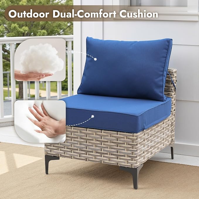 5 Pieces Patio Furniture Set with Solar Light Coffee Table, All-Weather Wicker Outdoor Sectional Conversation Sets L Shaped Sofas for Outside Porch Balcony Backyard Navy Blue