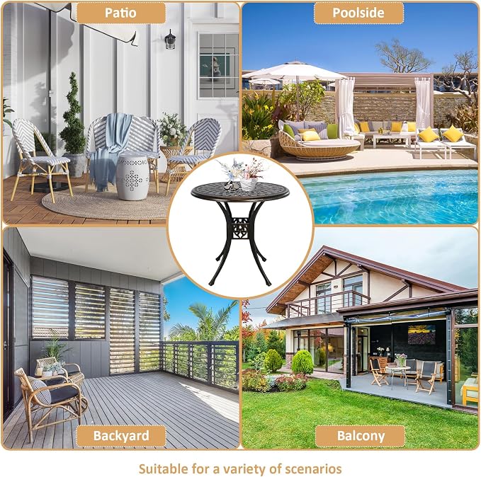 30.31" Cast Aluminum Outdoor Dining Table, Patio Bistro Table with 2.36" Umbrella Hole, Metal Conversation Furniture for Garden Porch