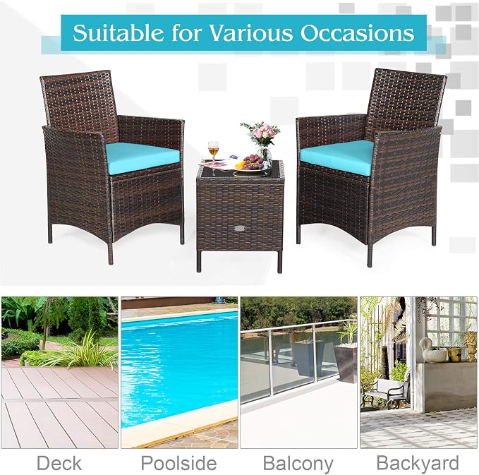COSTWAY 3 Pieces Patio Rattan Furniture Set, Outdoor Wicker Cushioned Sofa with Tempered Glass Tabletop, Rattan Conversation Set for Porch Yard Balcony Backyard Pool, Turquoise