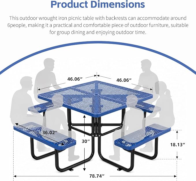 46" Square Metal Picnic Table with 1.73" Umbrella Hole, Commercial Steel Picnic Table, Heavy Duty Picnic Tables with Benches for Outdoor Garden Courtyard BBQ, Blue