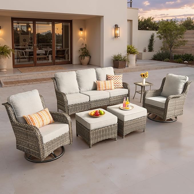 ovios 6-Piece Patio Furniture Set with Swivel Chairs Side Table, Outdoor Wicker Sofa with Comfy Cushions, High Back Couch Modern Conversation Sets, Grey/Grey