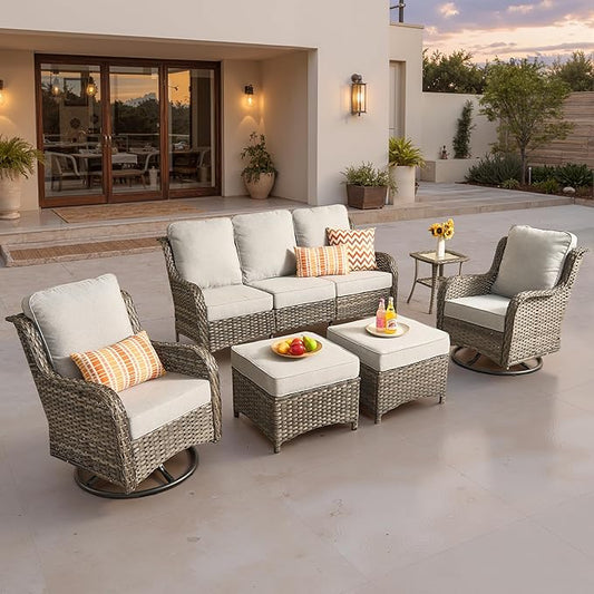 ovios 6-Piece Patio Furniture Set with Swivel Chairs Side Table, Outdoor Wicker Sofa with Comfy Cushions, High Back Couch Modern Conversation Sets, Grey/Grey