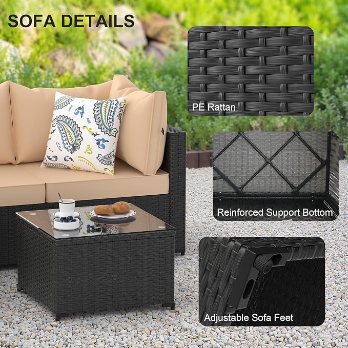 Patio Furniture Set, 6PCS Patio Sectional w/ Fire Pit Tabel Ottoman Wicker Rattan Outdoor Furniture with Thickened Cushion Modular Wicker Patio Conversation Set with Glass Top Table for Balcony(Khaki)