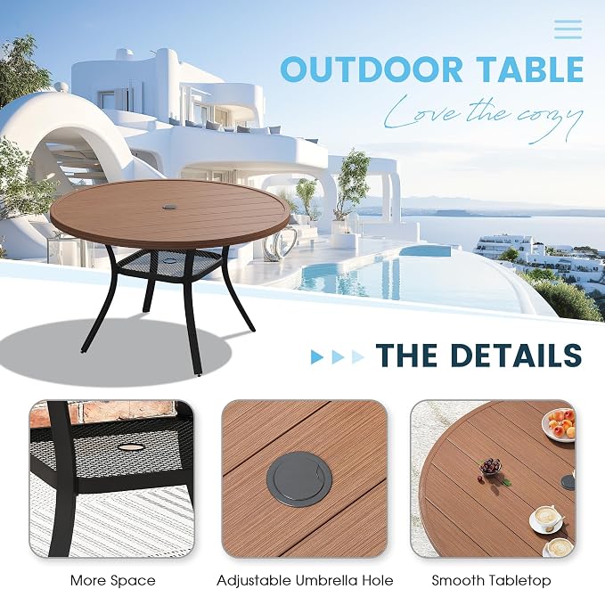 Patio Dining Table for 4-6, Round Metal Outdoor Table with 1.57" Umbrella Hole, 47" Outdoor Slat Tabletop Dining Table for Backyard, Porch, Lawn, Walnut