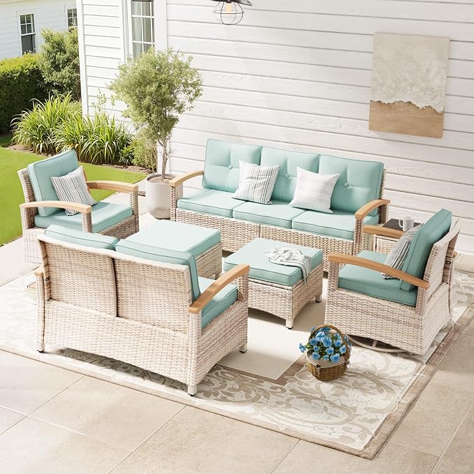 MEISSALIVVE 7 Pieces Outdoor Patio Furniture Sets, Wicker Patio Conversation Sets with 2 Wood Armrests Swivel Glide Chairs, Outdoor Couch for Deck Yard and Poolside (Blue)