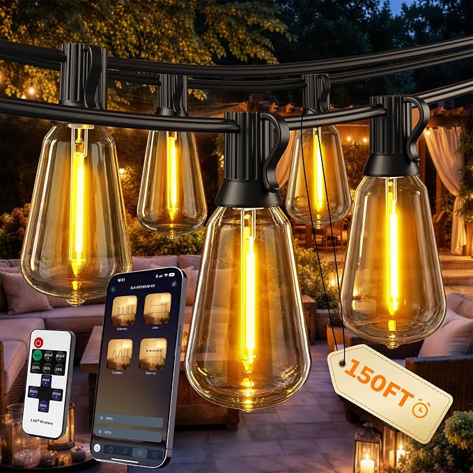Outdoor String Lights, 150 FT Patio Lights for Outside | Smart App & Remote Control with Timer, Dimmable with 4 Scene Modes, Warm White Waterproof LED Bulbs for Garden, Yard Decor