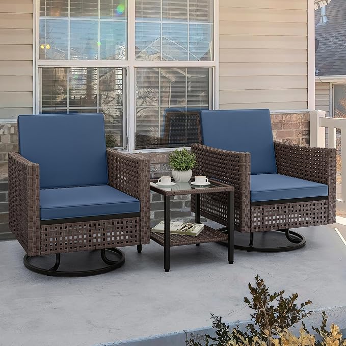 YITAHOME 3 Pieces Patio Set w/2.8" Thick Cushions, All Weather Swivel Patio Furniture Set w/Wicker Rocking Chairs & Rattan Side Table for Backyard Deck Poolside, Blue