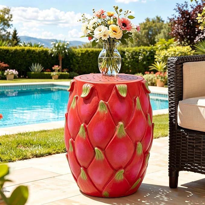 anwickjeff 14'' Garden Fruit Design Stool, Decorative Patio Side Tables for Outside/Indoor, Drum Table & Plant Stands Stools for Patio Balcony Living Room, Home Decor, Weather-Resistant (Red, Dragon)