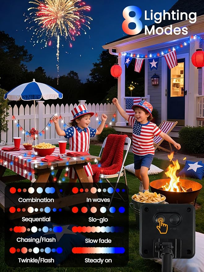 2-Pack 80 LED 39FT Red White and Blue Solar Globe String Lights Outdoor | LED Patriotic Lights, Waterproof, Solar American Flag Lights, 8 Modes 4th of July Decorations for Independence Memorial Day