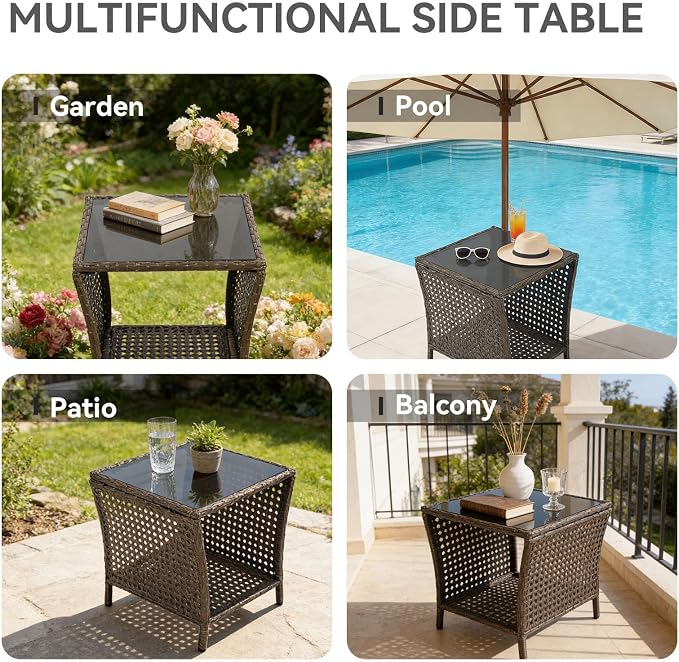 Outdoor Side Table - Patio Rattan End Table with Square Glass Tabletop, Wicker Outdoor Side Table with Extra Storage Shelf for Garden, Backyard, Porch, Black Gold