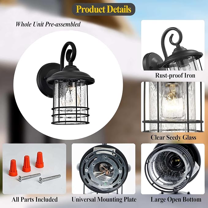 MICSIU Narrow 5.5" Wide Black Single Porch Light, 9.8" H Modern Farmhouse | Seedy Glass Outside Fixture, Vintage Round Outdoor Wall Sconce For Small Sidelight, Front Door, Garage