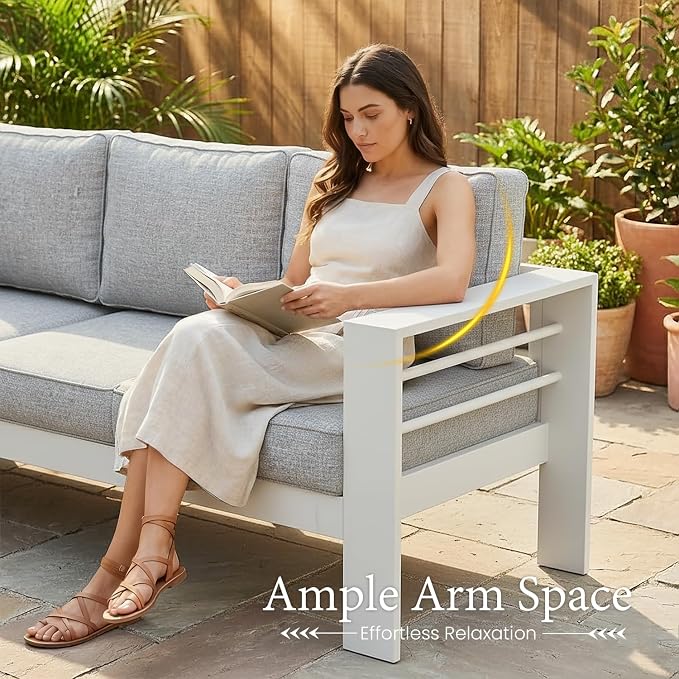 LayinSun Outdoor Aluminum Furniture Set, 4 Pieces Patio Sectional Conversation Chat Sofa Modern Seating Set with Coffee Table