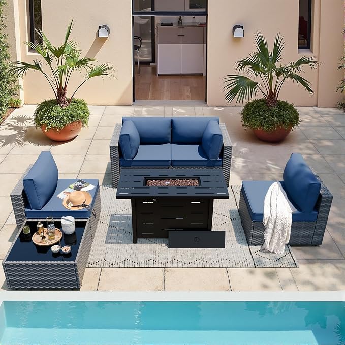 SUNLEI 5 Piece Outdoor Patio Furniture Set with Fire Pit Table, Silver PE Rattan Wicker Conversation Sofa Set with Blue Cushions, All Weather Sectional Patio Couch for Backyard, Deck, Garden, Porch