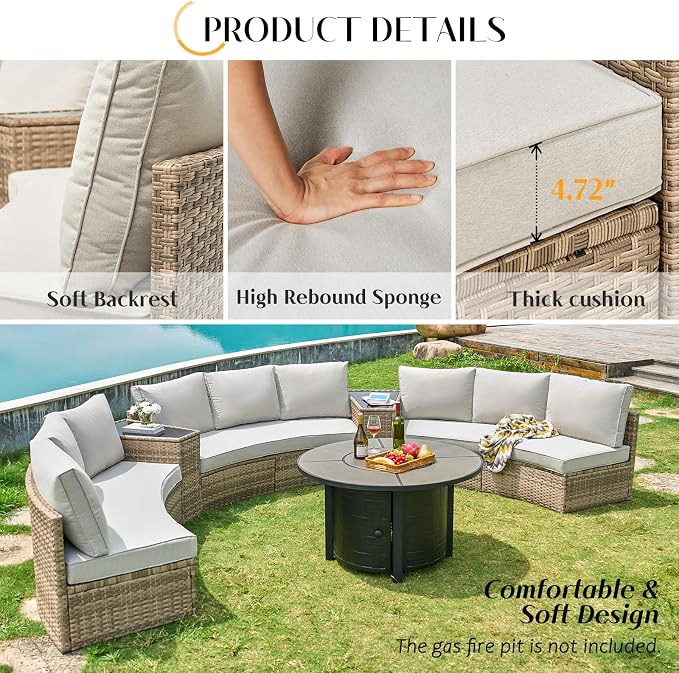 PaPaJet 3-Piece Patio Furniture Set, Half-Moon Wicker Sectional Sofa with Cushions, Waterproof Rattan Outdoor Conversation Set for Beach, Pool, Garden & Balcony, Beige