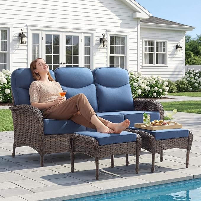 HUMMUH 7-Piece Patio Furniture Set with 6" Thick Cushion High Back Outdoor Swivel Rocker Chairs with 3-Seater Sofa,Coffee Table & Ottomans,Wicker Outdoor Conversation Set for Deck, Porch,Poolside