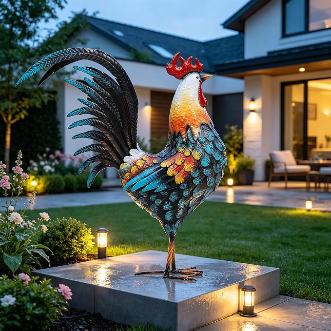 32" Majestic Metal Rooster Yard Decor, Large Outdoor Garden Statue | Outdoor Chicken Sculpture, 3D Hand-Painted, Rustic Farmhouse Style, Weather-Resistant Iron, Backyard Patio Lawn Garden