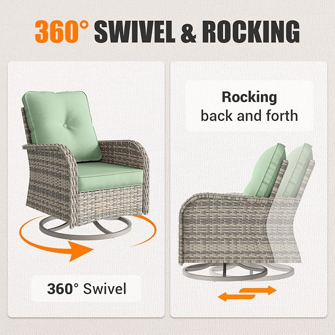 13Pcs Patio Rocking Swivel Chair with 55,000 BTU Fire Pit Table Outdoor Wicker Rattan Bistro Set with Tempered Glass Side Table, Patio Furniture Set for Garden and Balcony, Light Green