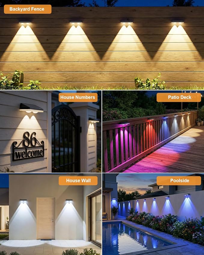 Solar Fence Lights Outdoor,3000/4500/6000K 13 Mode, 2 Pack Fence Lights Solar Powered with Ultra-Bright Lens IP65 Waterproof,Solar Wall Light for Backyard/Step/Patio/Deck/Stair/Railings
