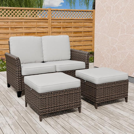 COOS BAY Harbor Retreat 3 Piece Outdoor Furniture Set, Patio Conversation Set with 2 Seat Loveseat and Ottomans, Wicker Furniture, Brown/Beige